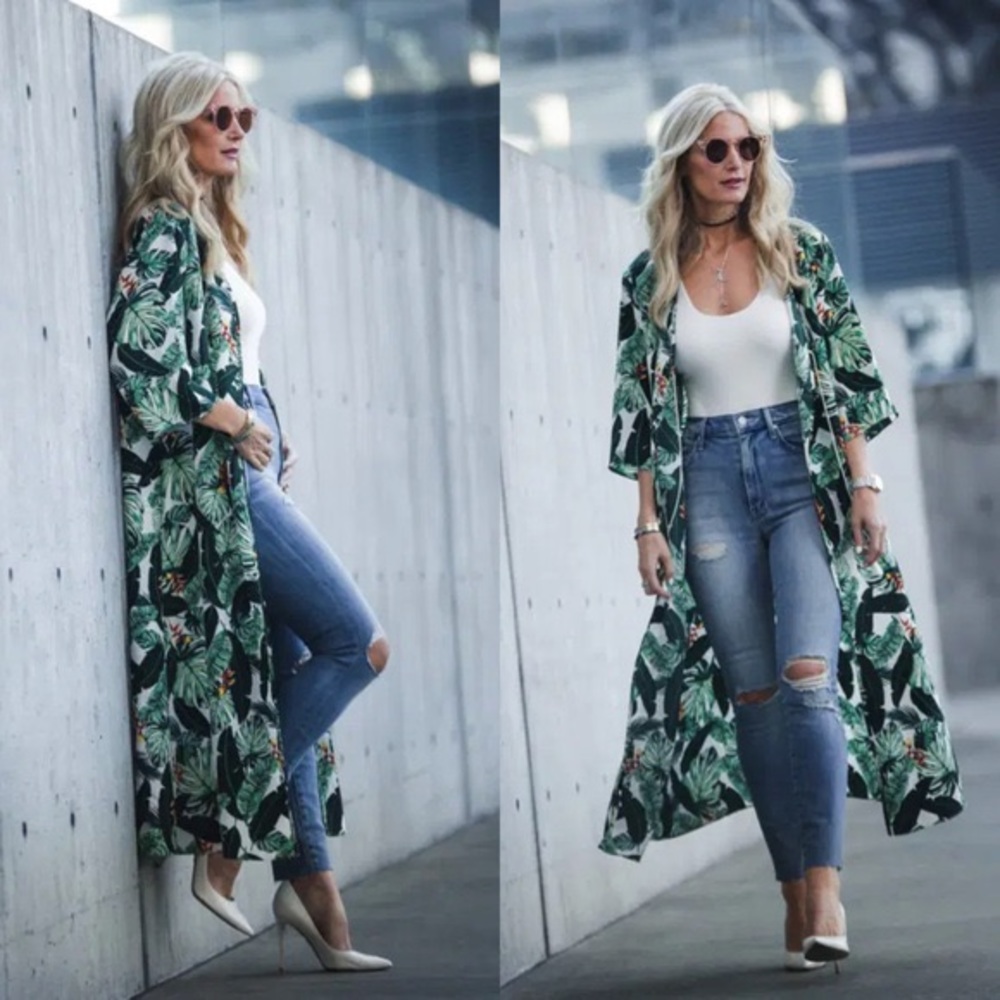 Rachel Zoe Palm Leaf Print Duster Kimono One Size Boho Resort